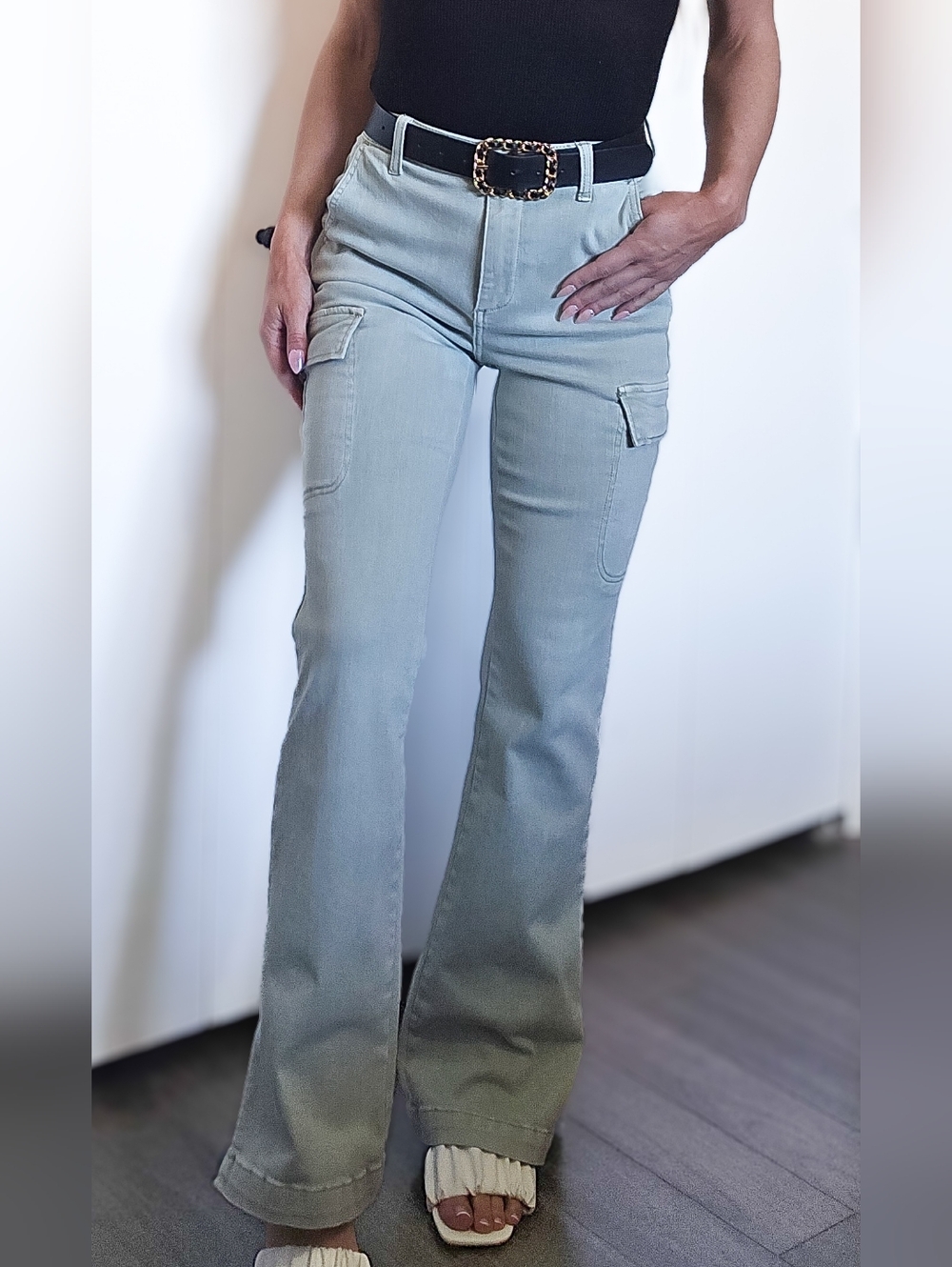 Risen Sage Green Cargo Flare Jeans High Rise Trendy Utility Pants Size 27